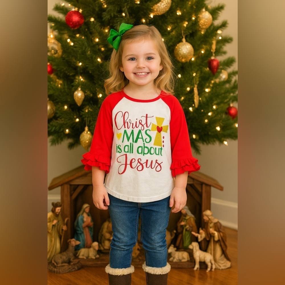 Christmas is about Jesus Little Girls size 4/5 Tshirt with ruffled sleeves